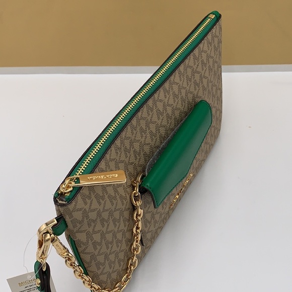 Michael Kors Jet Set LG 2 in 1 card case wristlet Wallet PALMETTO GREEN SIGNATUR - Picture 7 of 16